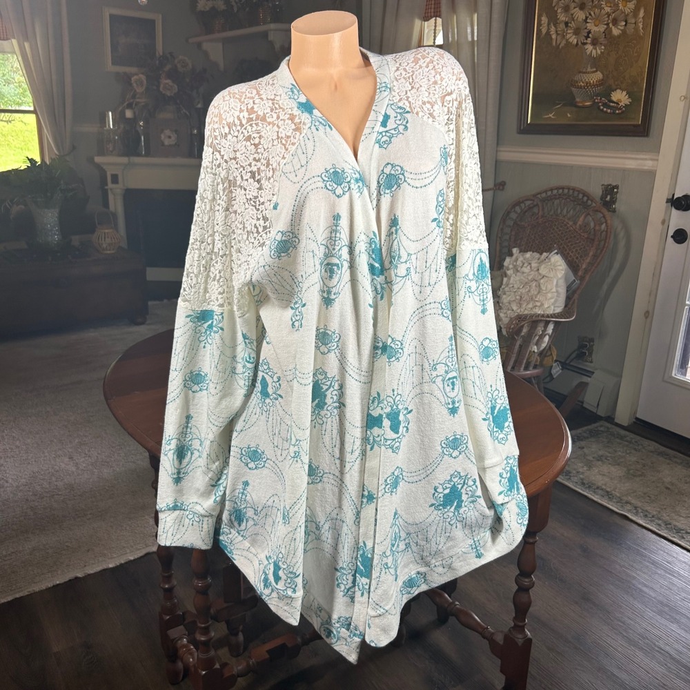 Disney Little Mermaid Ariel Lace Trim Open Front Cardigan Teal White Womens 3X